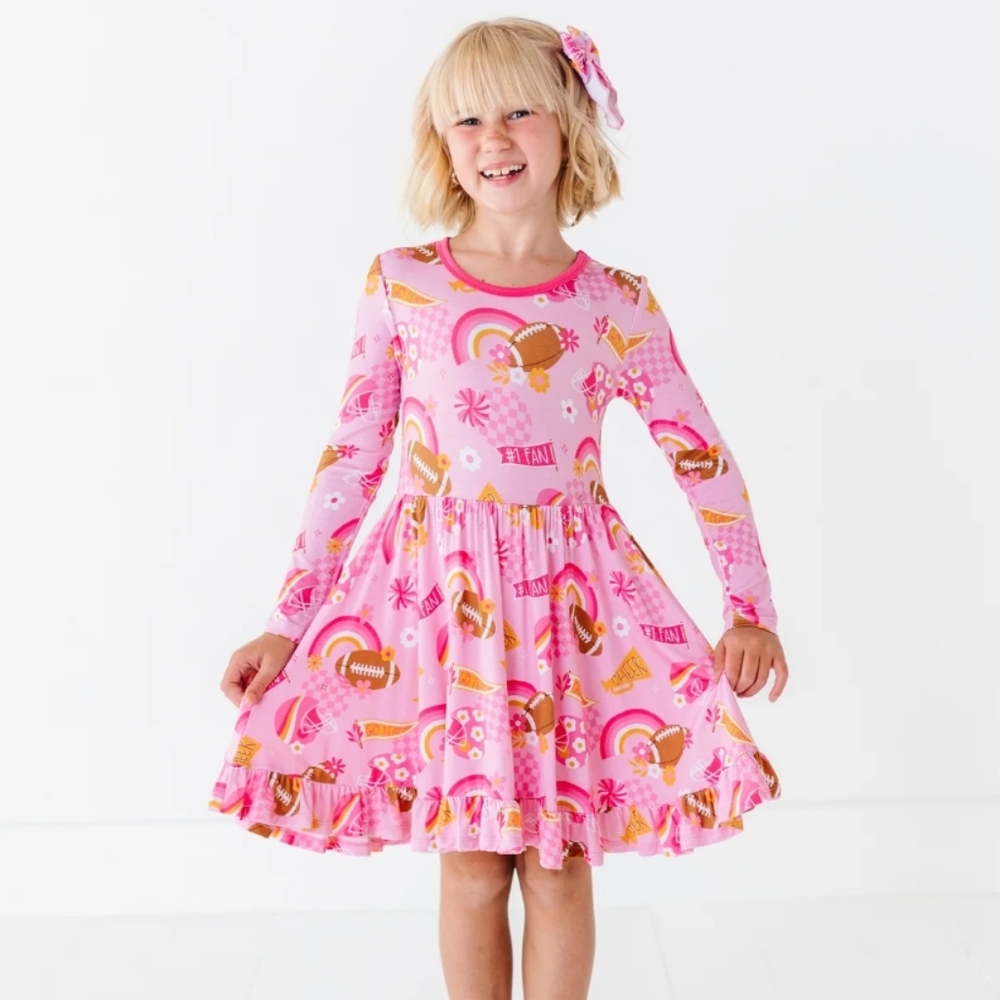 Girls Pink Rainbow Football Long Sleeve Twirl Dress - NWT
